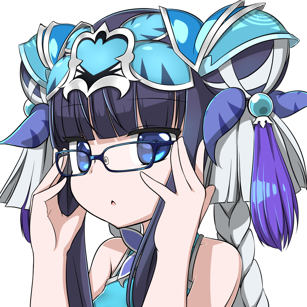 1girl, bare_shoulders, bespectacled, blue-framed_eyewear, blue_eyes, braid, chestnut_mouth, chinese_clothes, commentary, double_bun, glasses, hair_ornament, haku_(p&amp;d), lilium0235, long_hair, looking_at_viewer, multicolored_hair, purple_hair, puzzle_&amp;_dragons, shirt, silver_hair, sleeveless, sleeveless_shirt, solo, two-tone_hair