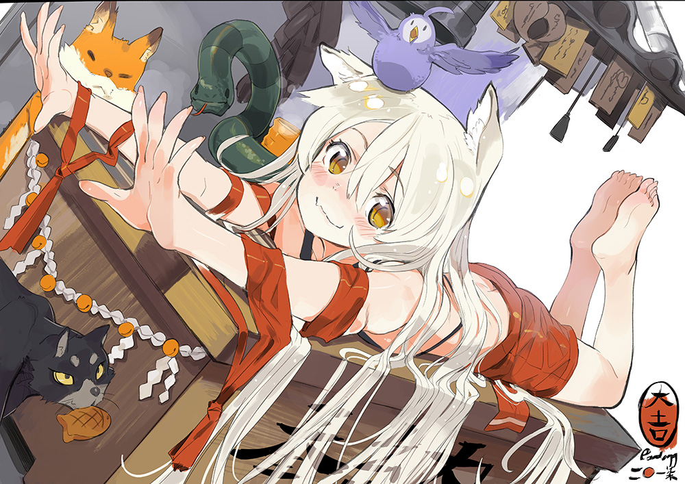 1girl, :3, animal, animal_on_head, artist_name, barefoot, bird, bird_on_head