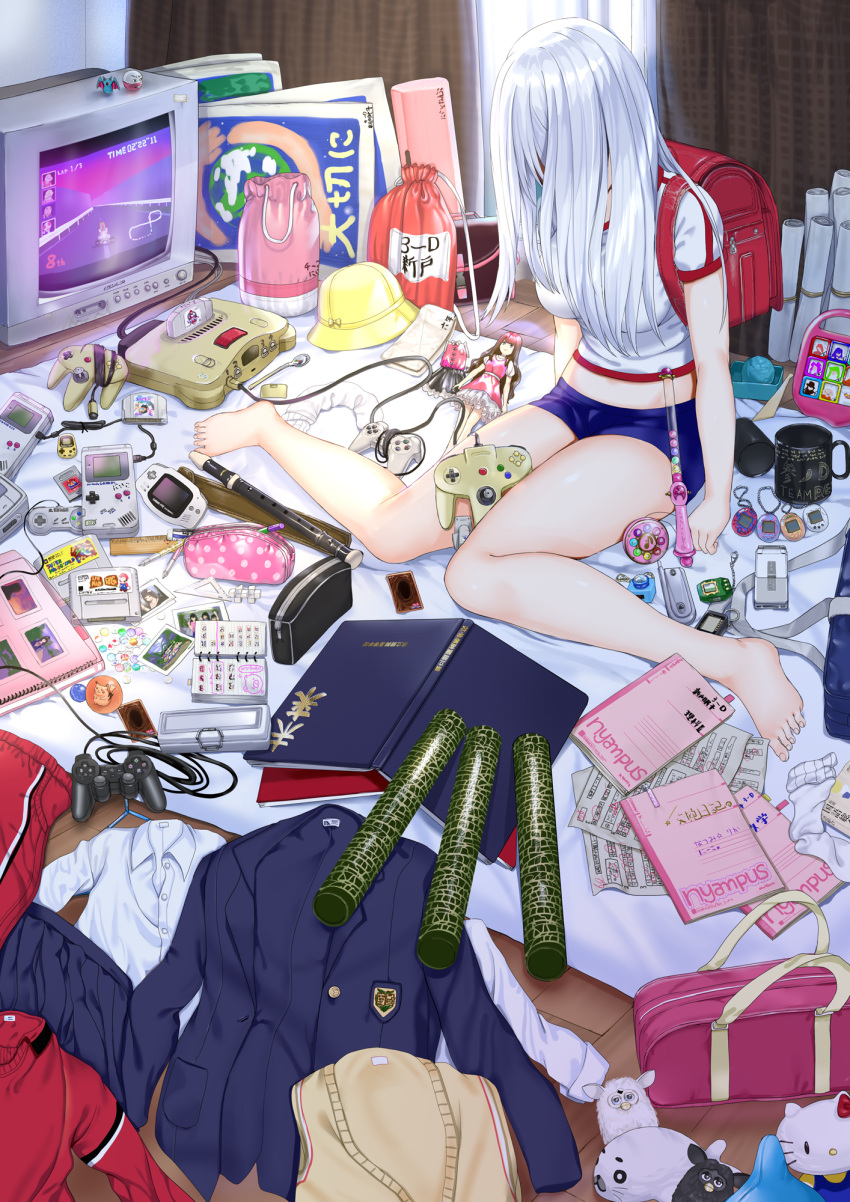 1girl, aldehyde, backpack, bag, bare_legs, barefoot, blazer, book