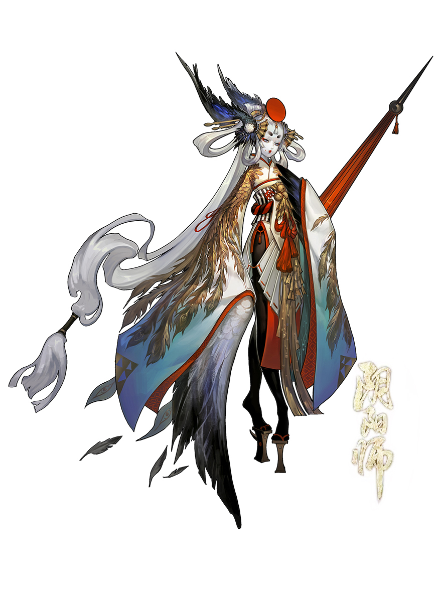 1girl, bell, black_legwear, black_wings, closed_mouth, closed_umbrella, comb, eyelashes, eyeliner, fan, feathered_wings, feathers, flat_chest, folding_fan, full_body, geta, grey_hair, gu_huo_niao, hair_ornament, hair_ribbon, hair_stick, hair_tubes, head_wings, highres, japanese_clothes, jingle_bell, kimono, lipstick, long_hair, long_sleeves, looking_at_viewer, low-tied_long_hair, makeup, obi, onmyoji, oriental_umbrella, pale_skin, pantyhose, pom_pom_(clothes), ponytail, red_lips, ribbon, rope, sash, sheep_(sheepeden), side_slit, silver_hair, simple_background, solo, spikes, standing, striped, tassel, tengu-geta, thick_eyebrows, umbrella, vertical_stripes, very_long_hair, white_background, white_wings, wide_sleeves, wings