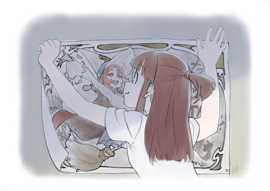 2girls, akko_kagari, arm_up, bangs, black_cat, blunt_bangs, broom, broom_riding