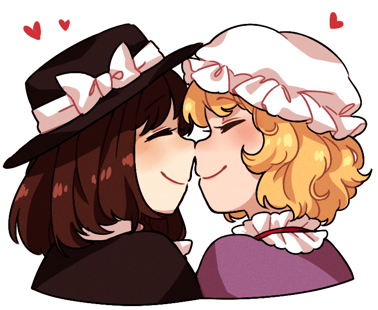 2girls, ^_^, blonde_hair, blush, brown_hair, cape, closed_eyes, couple