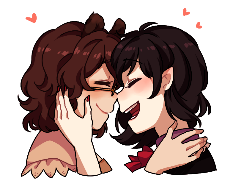 2girls, :d, ^_^, animal_ears, asymmetrical_hair, black_hair, blush, bow