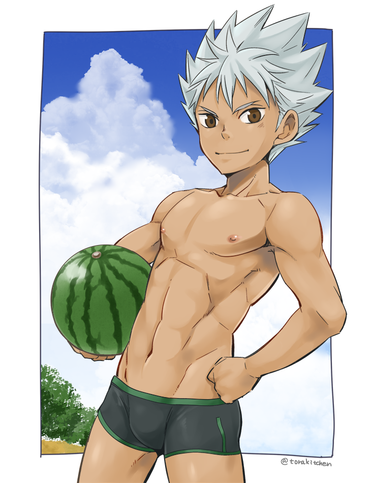 1boy, ball, beachball, brown_eyes, food, fruit, hand_on_hip, king_of_prism_by_prettyrhythm