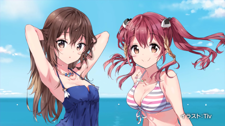 2girls, armpits, arms_up, artist_name, bikini, blue_dress, blue_skirt, braid