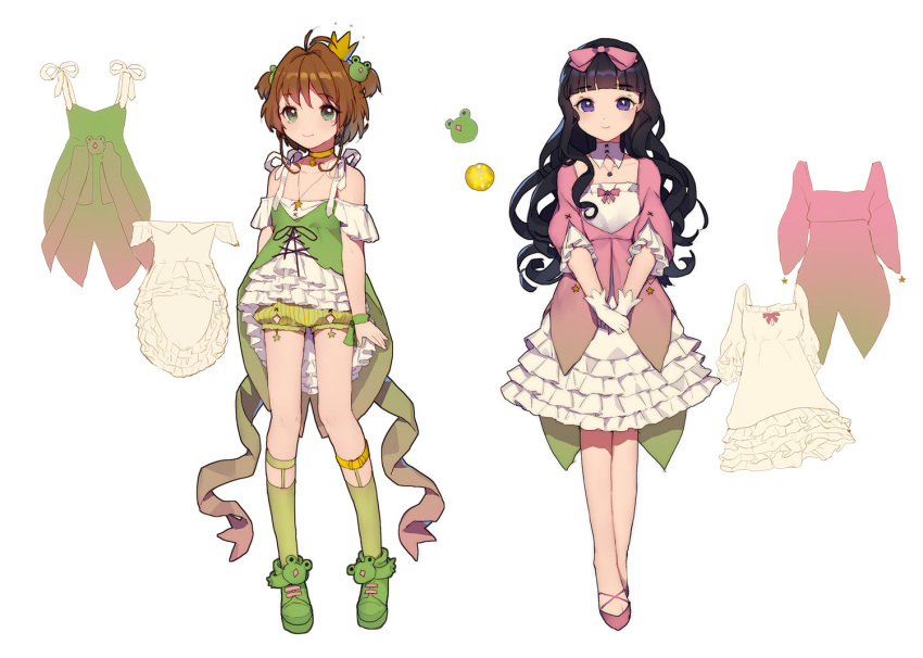 2girls, acidear, antenna_hair, arms_at_sides, bangs, bare_shoulders, black_hair, blunt_bangs, bow, brown_hair, card_captor_sakura, character_sheet, choker, closed_mouth, collarbone, cross-laced_clothes, daidouji_tomoyo, detached_collar, dress, eyebrows_visible_through_hair, frilled_dress, frilled_sleeves, frills, frog_hair_ornament, full_body, gloves, green_eyes, green_legwear, green_shoes, green_shorts, hair_bow, hair_ornament, jewelry, kinomoto_sakura, kneehighs, legs_apart, legs_together, long_hair, looking_at_viewer, multiple_girls, necklace, own_hands_together, pendant, pink_bow, pink_shoes, ribbon, shoes, short_hair, shorts, smile, sock_garters, sphere, standing, star, two_side_up, v_arms, violet_eyes, white_gloves, wrist_ribbon