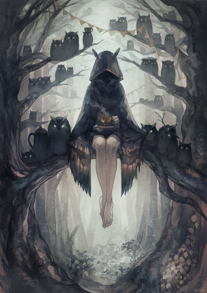 androgynous, animal, bare_legs, bare_tree, barefoot, bird, black, branch