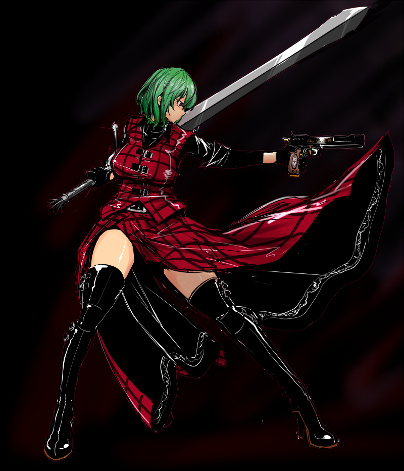 1girl, adapted_costume, black_boots, boots, breasts, chains, closed_mouth, dual_wielding