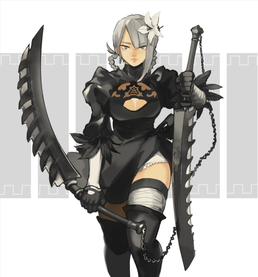 1girl, bandage, black_dress, black_legwear, braid, chains, cosplay, dress