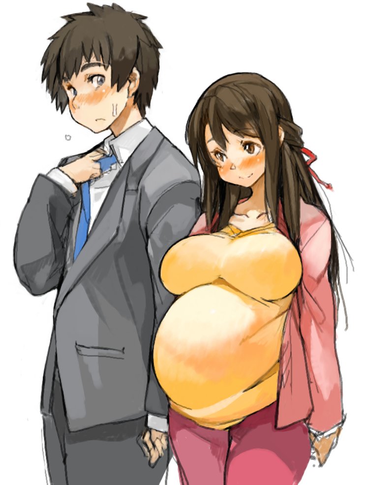 1boy, 1girl, blue_necktie, blush, breasts, brown_eyes, brown_hair, casual