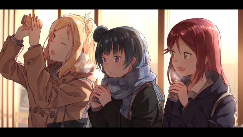 3girls, bag, blonde_hair, blue_hair, bottle, braid, breath, can