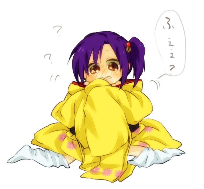 1girl, age_regression, blush, brown_eyes, full_body, gintama, japanese_clothes, kimono, nonomiya_musu, oversized_clothes, simple_background, solo, terakado_tsu, white_background, younger