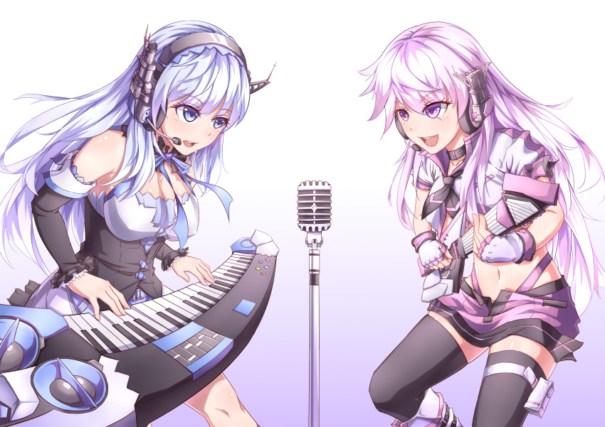2girls, absurdres, alaska_(zhan_jian_shao_nyu), bare_shoulders, black_legwear, blue_eyes, blue_hair, choker, detached_sleeves, erect_nipples, guam_(zhan_jian_shao_nyu), headset, highres, instrument, keyboard_(instrument), lavender_eyes, lavender_hair, leaning_forward, microphone, multiple_girls, music, neck_ribbon, playing_instrument, ray_(pixiv9514208), ribbon, singing, thigh-highs, zhan_jian_shao_nyu