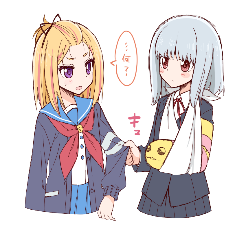 2girls, arm_sling, bangs_pinned_back, black_ribbon, black_skirt, blonde_hair, blue_skirt, blush_stickers