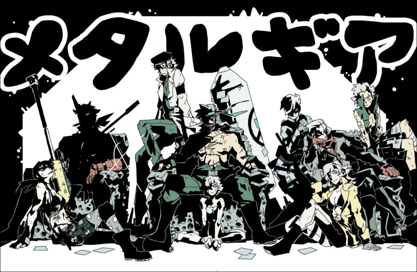 4girls, 5boys, big_boss, cigarette, eli_(mgs), eva_(mgs), eyepatch, glasses, headband, jacket, kazuhira_miller, looking_at_viewer, metal_gear_(series), metal_gear_solid_3, metal_gear_solid_peace_walker, metal_gear_solid_v, multiple_boys, multiple_girls, parody, paz_ortega_andrade, quiet_(metal_gear), revolver_ocelot, scar, scarf, shaded_face, sitting, starlock, style_parody, tengen_toppa_gurren_lagann, venom_snake