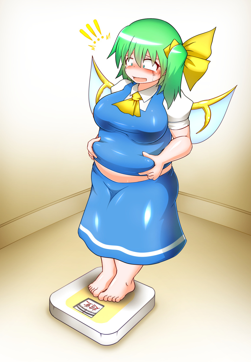 !!, /\/\/\, 1girl, absurdres, ascot, asheta7, barefoot, belly_grab, big_belly, blue_eyes, blush, breasts, collared_shirt, commentary, d:, daiyousei, fairy_wings, fat, fat_folds, full_body, green_hair, highres, large_breasts, narrowed_eyes, open_mouth, pinching, puffy_short_sleeves, puffy_sleeves, shiny, shiny_clothes, shiny_hair, shiny_skin, shirt, short_hair, short_sleeves, side_ponytail, skirt, skirt_set, solo, sweat, tears, touhou, translated, turn_pale, undersized_clothes, vest, weighing_scale, weight_conscious, wings