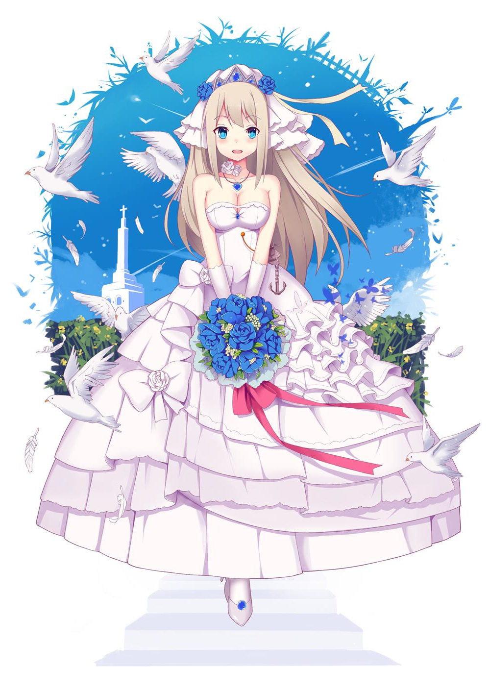 1girl, anchor, ashirayt, bird, blue_eyes, blue_rose, blush, bouquet, breast_squeeze, breasts, church, cleavage, dove, dress, feathers, flower, frills, full_body, hair_flower, hair_ornament, highres, lexington_(zhan_jian_shao_nyu), long_hair, looking_at_viewer, medium_breasts, open_mouth, platinum_blonde, ponytail, rose, shoes, solo, standing, tiara, v_arms, veil, wedding_dress, white_rose, white_shoes, zhan_jian_shao_nyu