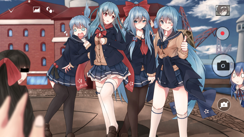 6+girls, absurdres, arm_hug, black_legwear, blue_eyes, blue_hair, blush, blush_stickers, bow, braid, cardigan, censored, chibi, clothes_around_waist, fubuki_(zhan_jian_shao_nyu), hair_bow, hand_on_another's_shoulder, harbor, hatsuyuki_(zhan_jian_shao_nyu), highres, hiyou_(zhan_jian_shao_nyu), identity_censor, inazuma_(zhan_jian_shao_nyu), long_hair, looking_at_another, looking_at_viewer, low-tied_long_hair, miniskirt, miyuki_(zhan_jian_shao_nyu), multiple_girls, n2_(yf33), nose_blush, petticoat, quincy_(zhan_jian_shao_nyu), red_eyes, scared, school_uniform, serafuku, shirayuki_(zhan_jian_shao_nyu), skirt, skirt_grab, standing, taking_picture, thigh-highs, thumbs_up, twin_braids, very_long_hair, white_legwear, zhan_jian_shao_nyu