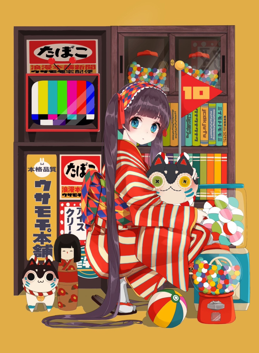 1girl, black_hair, blue_eyes, bookshelf, cabinet, cat_mask, closed_mouth, from_side