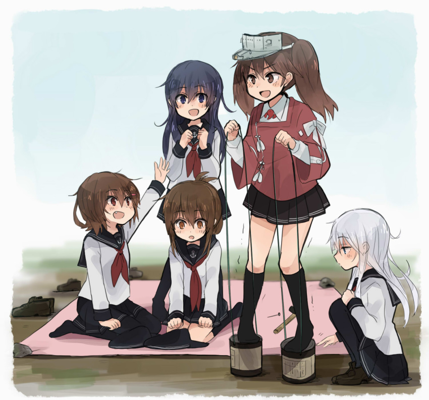 >:d, 5girls, :d, akatsuki_(kantai_collection), anchor_symbol, annin_musou, blue_eyes, brown_eyes, brown_hair, can, can_stilts, fang, flat_cap, folded_ponytail, grey_eyes, hammer, hand_up, hands_up, hat, hat_removed, headwear_removed, hibiki_(kantai_collection), highres, holding, holding_hat, ikazuchi_(kantai_collection), inazuma_(kantai_collection), japanese_clothes, kantai_collection, kariginu, kneeling, long_hair, long_sleeves, magatama, multiple_girls, nail, neckerchief, open_mouth, pantyhose, pleated_skirt, remodel_(kantai_collection), rock, ryuujou_(kantai_collection), school_uniform, seiza, serafuku, shoes_removed, short_hair, silver_hair, sitting, sitting_on_ground, skirt, smile, squatting, standing_on_object, stilts, string, tarp, tarpaulin, twintails, visor_cap, white_background, wide_sleeves