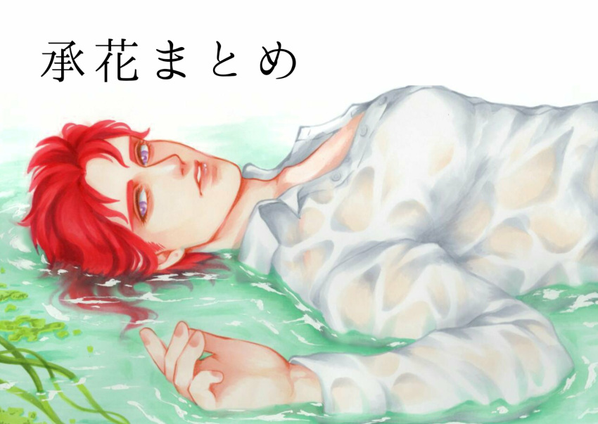 1boy, fukuyouri_sp, haraodori_sp, highres, jojo_no_kimyou_na_bouken, kakyouin_noriaki, looking_at_viewer, lying, male_focus, on_back, partially_submerged, plant, redhead, solo, translation_request, upper_body, violet_eyes, wet