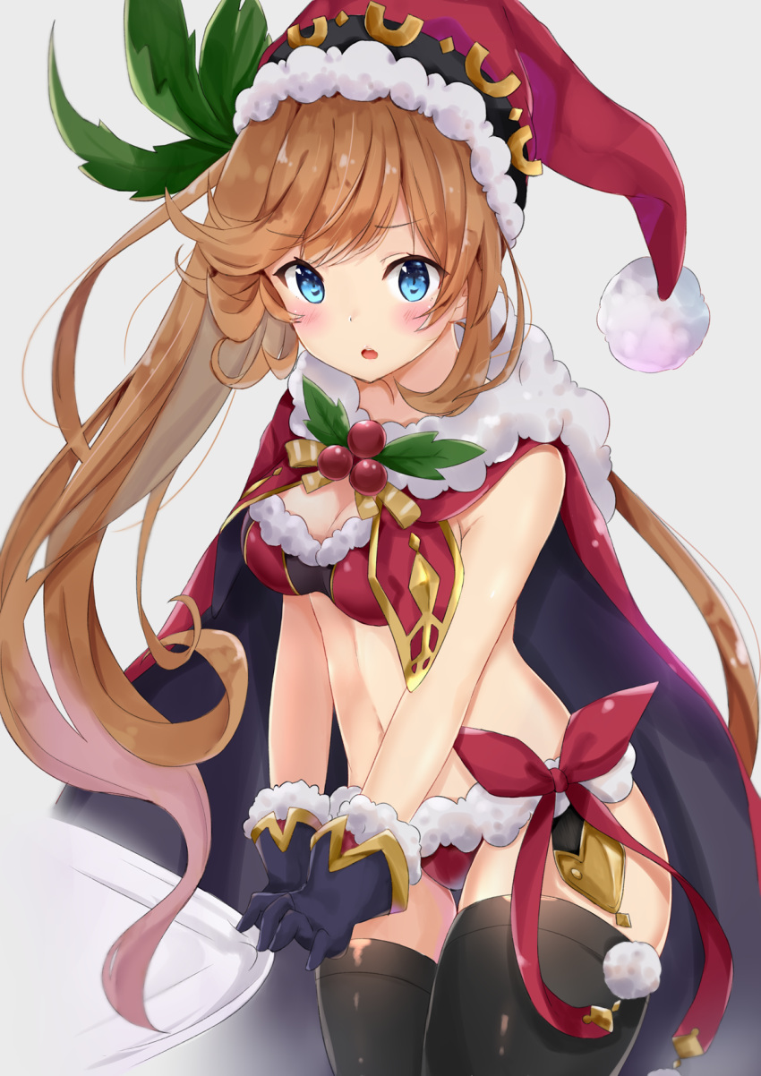 1girl, bangs, blue_eyes, blue_gloves, blush, bra, brown_hair, capelet