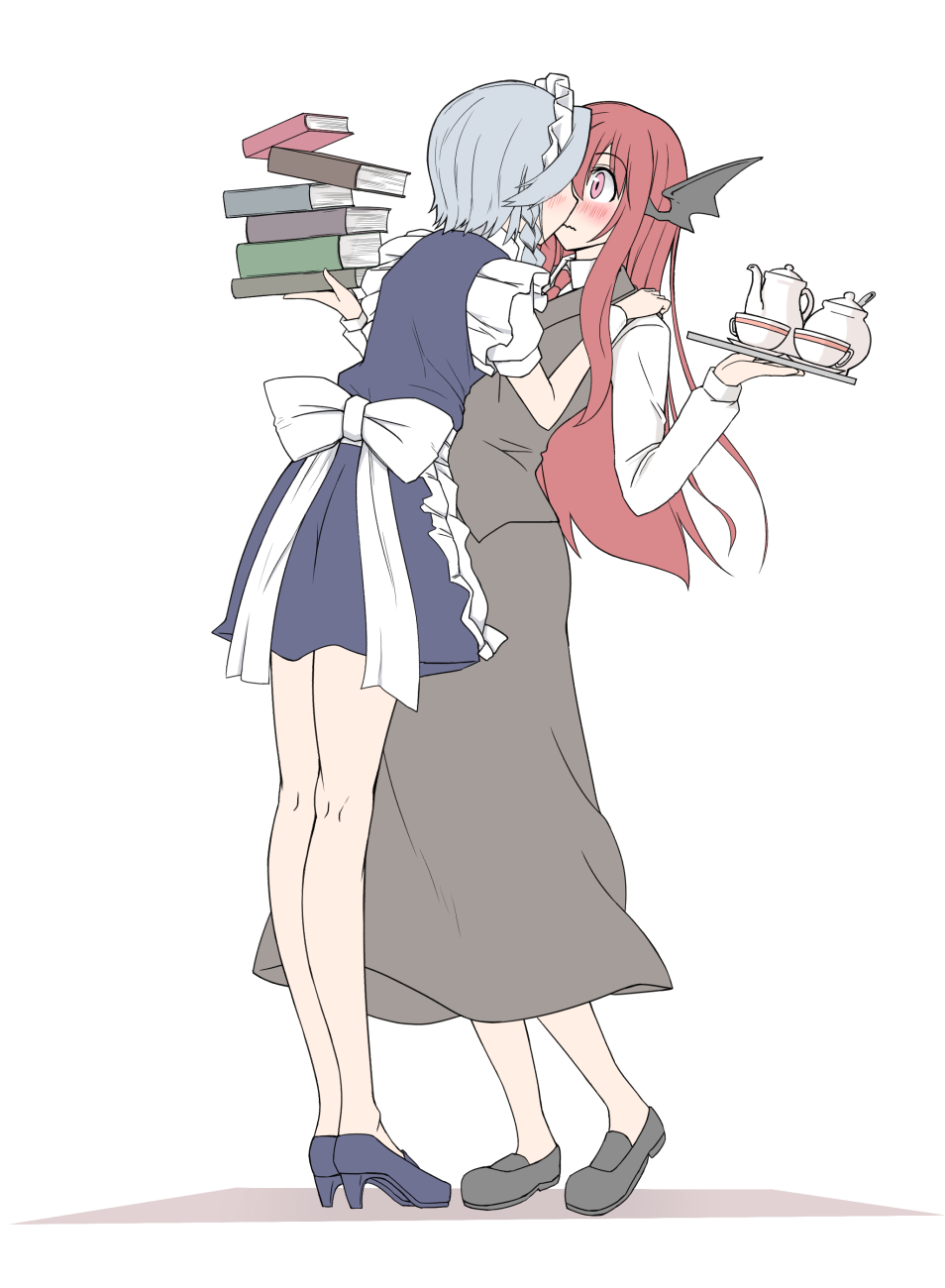2girls, 3692materia, apron, back, bat_wings, blue_dress, blue_eyes, blush, book, book_stack, bow, braid, cup, dress, dress_shirt, dropping, eyebrows_visible_through_hair, frills, full_body, hand_on_another's_shoulder, high_heels, highres, holding, holding_book, incipient_kiss, izayoi_sakuya, koakuma, large_bow, leaning_back, leaning_forward, loafers, long_sleeves, looking_at_another, maid, maid_headdress, multiple_girls, necktie, puffy_short_sleeves, puffy_sleeves, red_eyes, red_necktie, redhead, shirt, shoes, short_hair, short_sleeves, sidelocks, silver_hair, simple_background, skirt, skirt_set, teacup, teapot, tiptoes, touhou, tray, twin_braids, vest, waist_apron, white_background, white_shirt, wide-eyed, wings, yuri