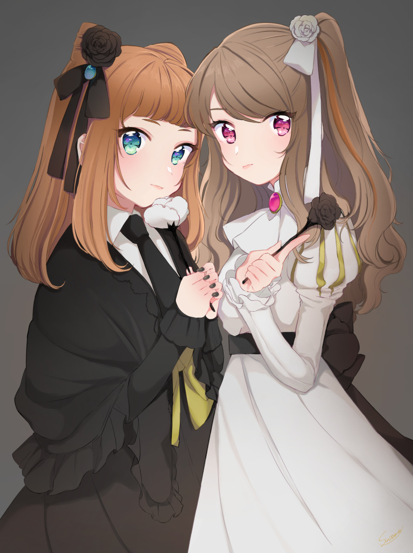 2girls, aikatsu!, aikatsu_stars!, black_dress, blue_eyes, blush, brooch, brown_hair, choker, cowboy_shot, double_bun, dress, flower, frills, gothic, hair_flower, hair_ornament, hair_ribbon, highres, holding, holding_flower, jewelry, kasumi_mahiru, lace, long_hair, looking_at_viewer, multiple_girls, nail_polish, necktie, one_side_up, orange_hair, ribbon, rose, saotome_ako, shirotsuna, simple_background, violet_eyes, wavy_hair, white_dress