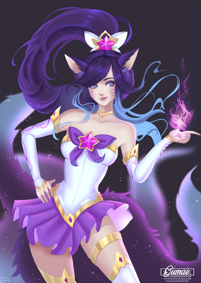 1girl, ahri, alternate_costume, animal_ears, artist_name, bare_shoulders, blue_eyes, blue_hair