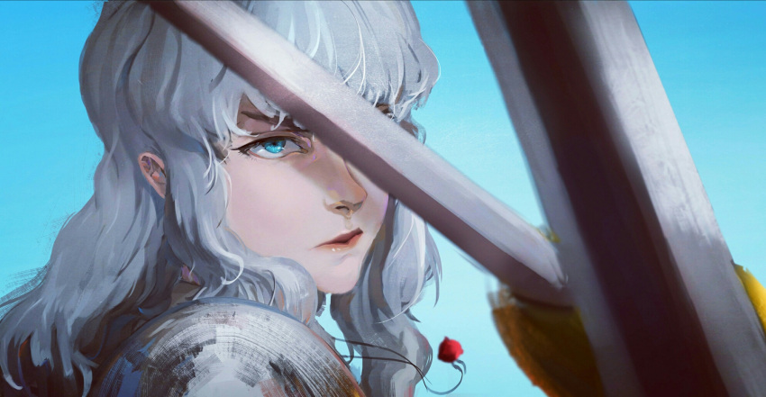 1boy, armor, battle, behelit, berserk, blue_eyes, griffith, highres, lips, long_hair, male_focus, nose, sidelocks, solo, sword, twomix, weapon, white_hair