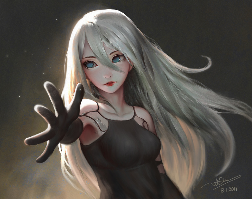 1girl, 2017, android, arm_at_side, armlet, armpits, bare_shoulders, black_gloves