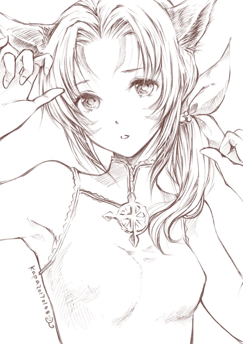 1girl, animal_ears, armpits, bangs, bow, cat_ears, eyelashes, facial_mark, final_fantasy, final_fantasy_xiv, greyscale, hair_bow, hands_up, head_tilt, highres, long_hair, looking_at_viewer, miqo'te, monochrome, open_mouth, parted_bangs, ponytail, satomi_hiroshi, signature, sketch, sleeveless, solo