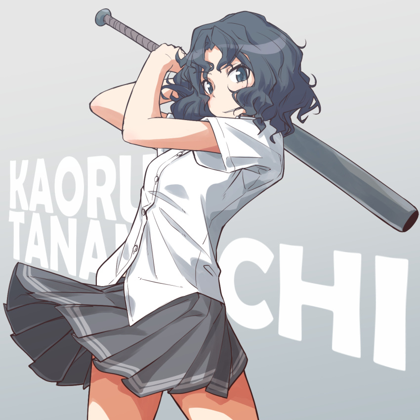 1girl, amagami, baseball_bat, black_eyes, black_hair, black_skirt, character_name, commentary, dress_shirt, eyebrows_visible_through_hair, gradient, gradient_background, grey_background, grin, guriko_(mossari), highres, holding, long_hair, looking_at_viewer, messy_hair, pleated_skirt, school_uniform, shirt, short_sleeves, skirt, smile, solo, tanamachi_kaoru, white_shirt, wind, wind_lift