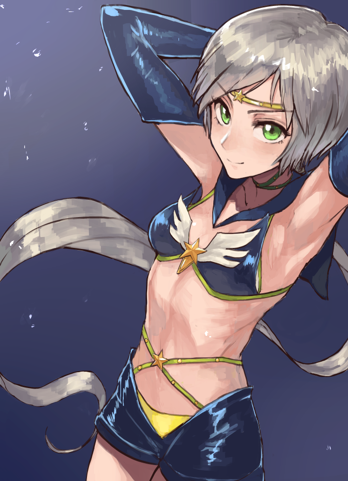 arms_behind_head, bishoujo_senshi_sailor_moon, elbow_gloves, fushoku, gloves, green_eyes, headband, long_hair, looking_at_viewer, ponytail, sailor_star_healer, shorts, silver_hair, smile, star, very_long_hair, yaten_kou