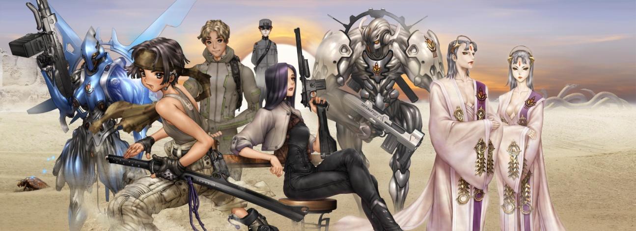gun, handgun, headband, honoka_(the_third), iks_(the_third), jpeg_artifacts, millie_(the_third), official_art