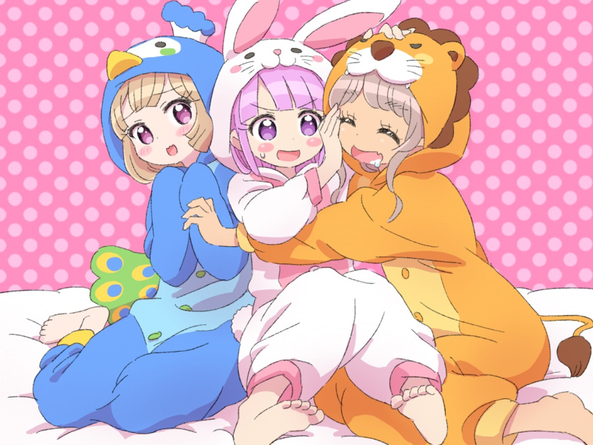 3girls, animal_costume, barefoot, blush_stickers, bunny_costume, closed_eyes, girl_sandwich, hug