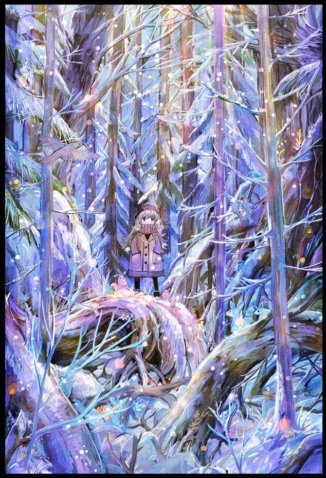 1girl, bare_tree, bird, black_legwear, blush, border, colorful, covered_mouth