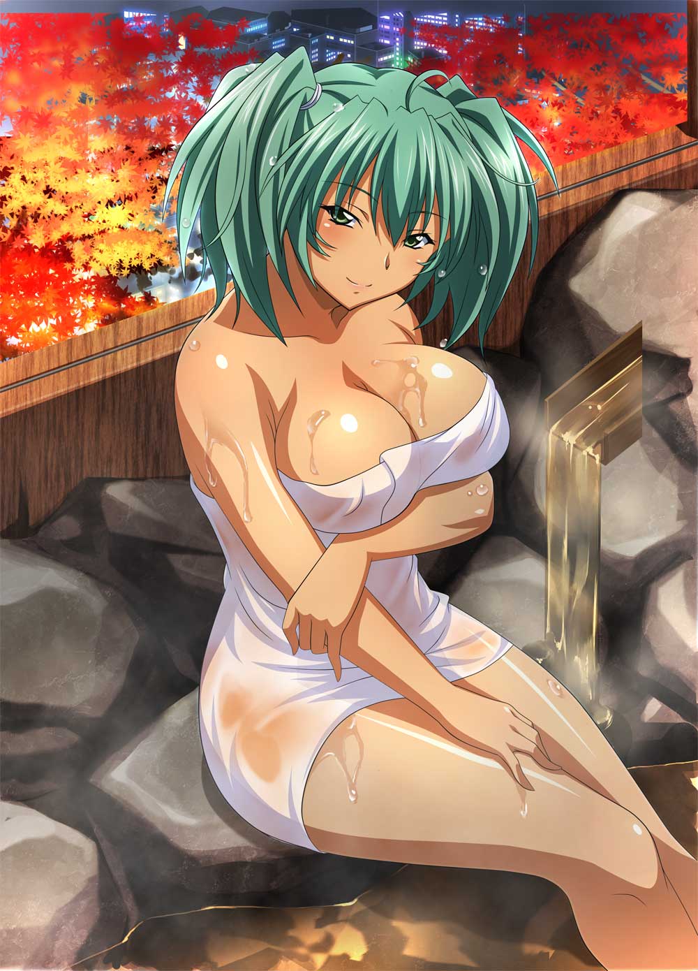 1girl, artist_request, autumn_leaves, breasts, building, cleavage, green_eyes, green_hair