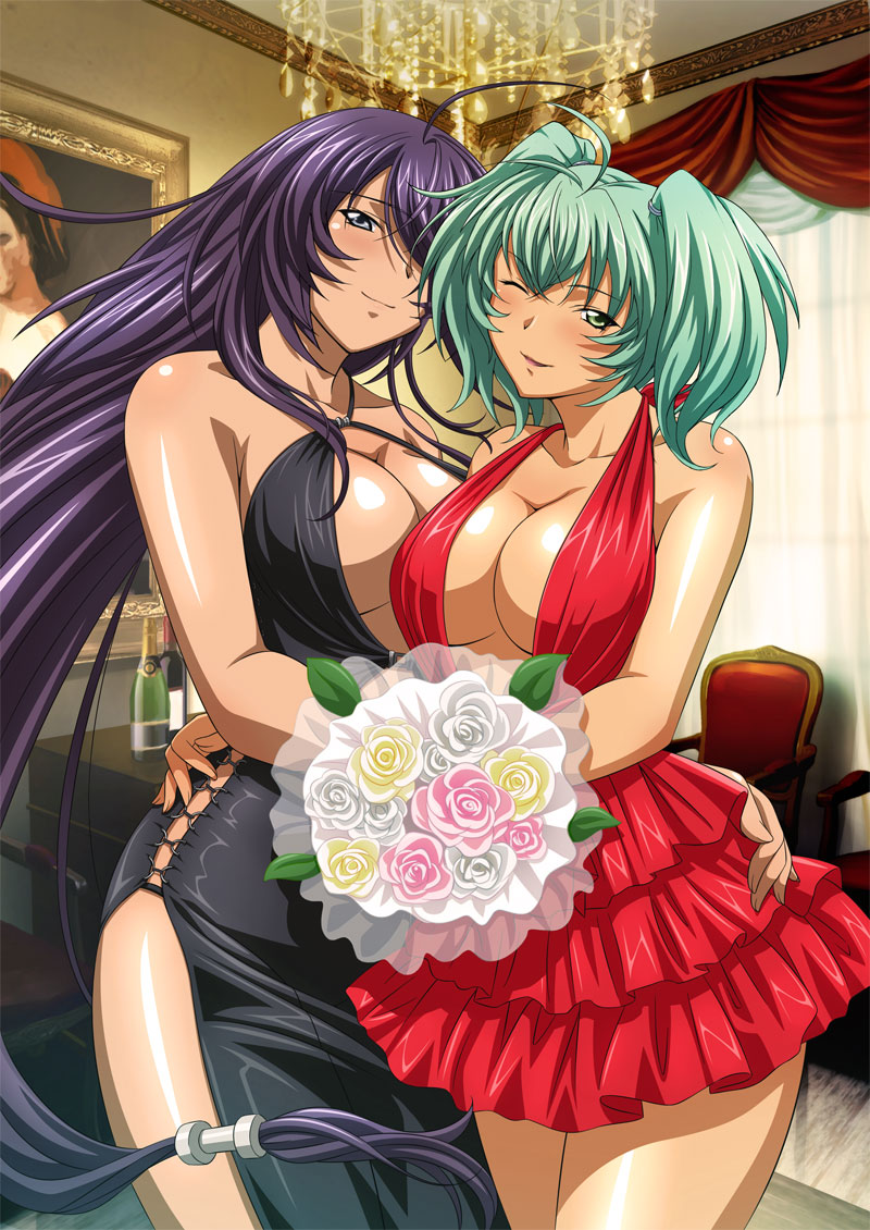 2girls, bouquet, breasts, cleavage, flower, formal, green_eyes, green_hair