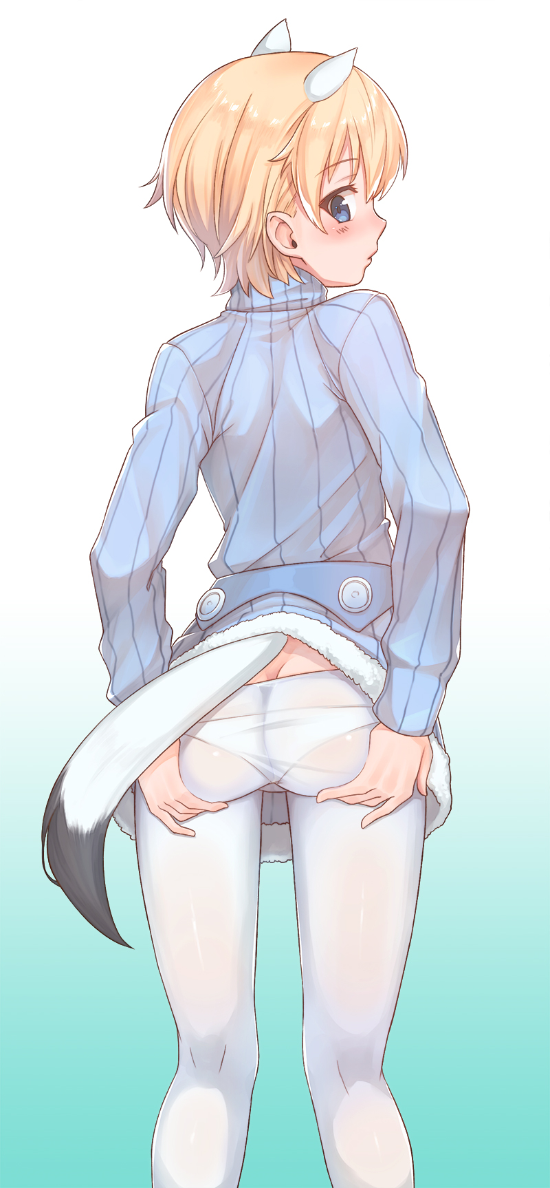 1girl, animal_ears, ass, ass_grab, bangs, belt, blonde_hair, blue_eyes, blush, brave_witches, butt_crack, commentary, ermine_ears, ermine_tail, from_behind, fur_trim, gradient, gradient_background, highres, kneepits, konnyaku_(kk-monmon), looking_back, lowleg, lowleg_panties, nikka_edvardine_katajainen, panties, panties_under_pantyhose, pantyhose, parted_lips, profile, ribbed_sweater, short_hair, solo, sweater, tail, turtleneck, turtleneck_sweater, underwear, white_legwear, white_panties, world_witches_series