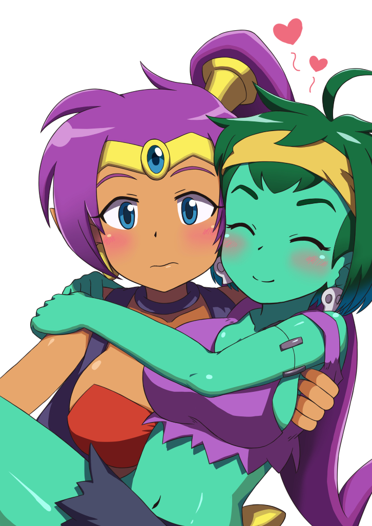 2girls, ^_^, bare_arms, bare_shoulders, blue_eyes, blush, breasts, carrying, closed_eyes, dark_skin, earrings, embarrassed, forehead_jewel, gem, green_hair, green_skin, happy, headband, heart, hoop_earrings, jewelry, johnny_(seek_as_1990sp), lifting, lifting_person, midriff, multiple_girls, navel, ponytail, purple_hair, rottytops, shantae, shantae_(character), shantae_(series), shantae_and_the_pirate's_curse, short_hair, sideboob, simple_background, skull, skull_earrings, smile, stitches, stomach, torn_clothes, upper_body, vest, white_background, yuri, zombie