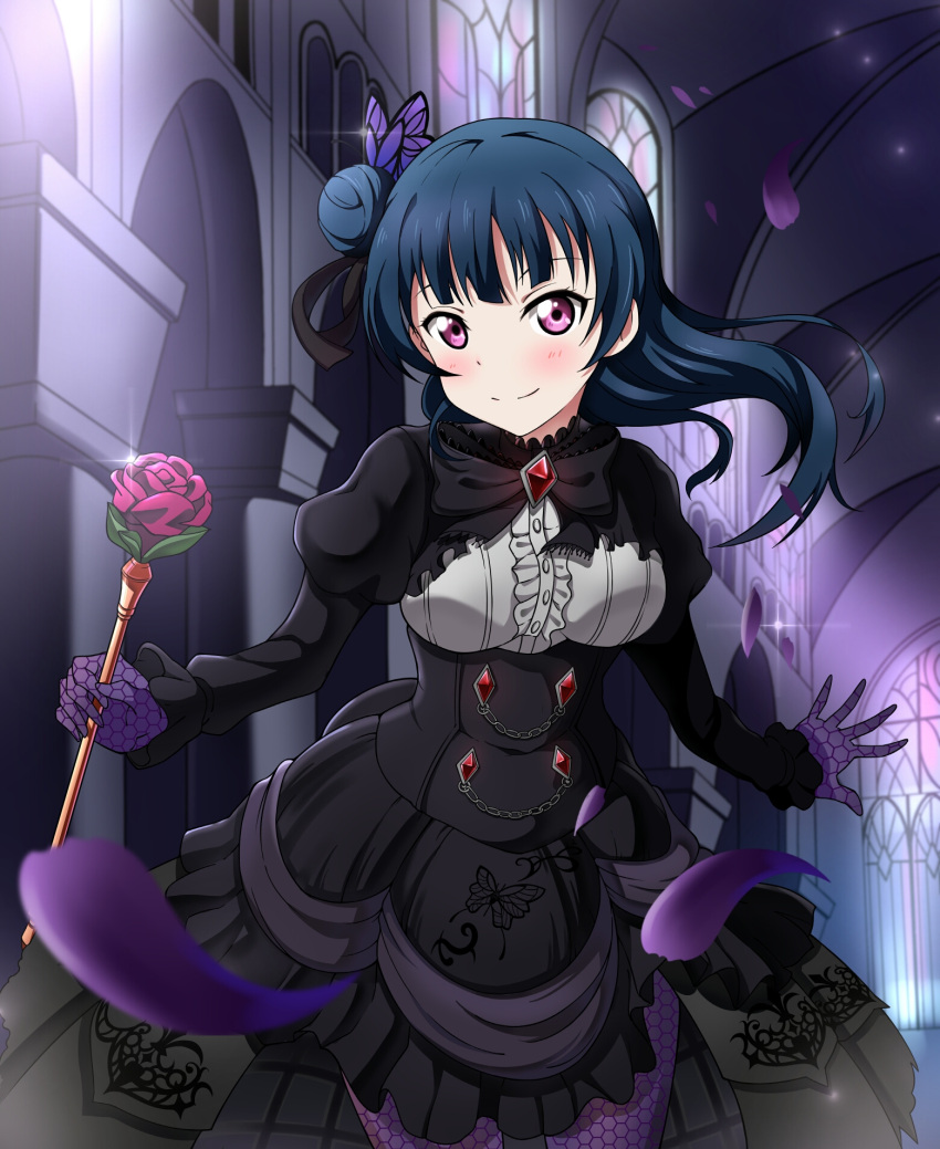 1girl, black_dress, blue_hair, blush, breasts, church, cosplay, dress