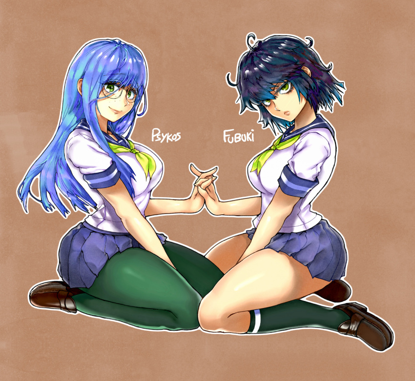 >:(, 2girls, ahoge, bangs, black_hair, blue_hair, blue_skirt, breasts