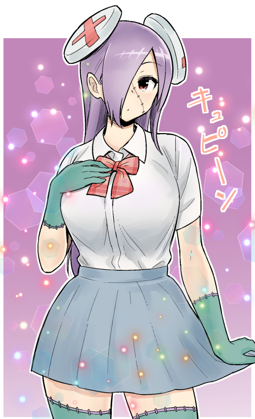1girl, bow, bowtie, collared_shirt, cowboy_shot, gloves, green_gloves, green_legwear