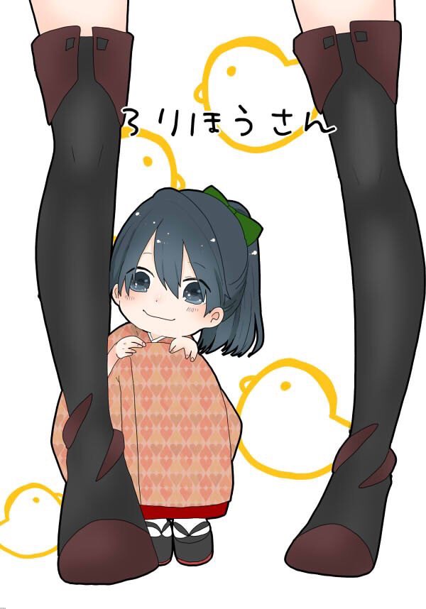 2girls, bangs, bird, black_legwear, blue_eyes, blue_hair, blush, bow