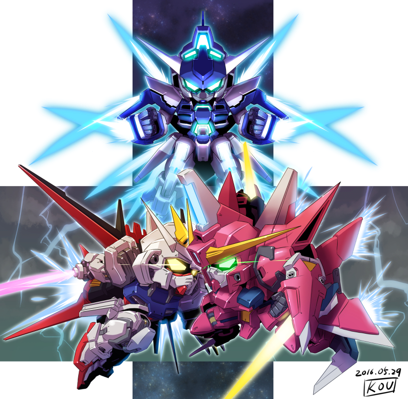 aegis_gundam, aile_strike_gundam, aqua_eyes, chibi, dated, energy_sword, fighting, glowing