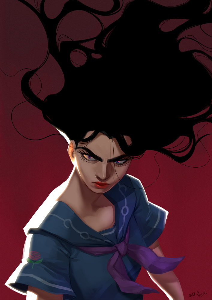 1girl, black_hair, flower, jojo_no_kimyou_na_bouken, long_hair, love_deluxe, neck, red_background, rose, school_uniform, serafuku, signature, snickerby, solo, stand_(jojo), upper_body, wavy_hair, yamagishi_yukako