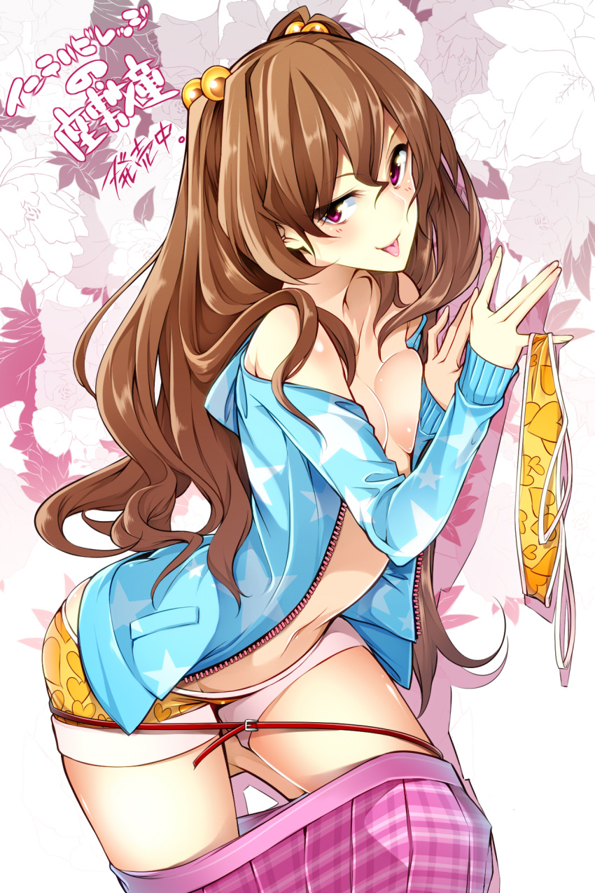 1girl, bikini_top, bikini_top_removed, breast_press, breasts, brown_hair, copyright_name, hair_bobbles, hair_ornament, highres, hishigami_enbi, holding, intelli_village_no_zashiki-warashi, looking_at_viewer, medium_breasts, nanao_(mahaya), no_bra, official_art, pink_eyes, plaid, plaid_skirt, skirt, skirt_pull, solo, star, star_print, tongue, tongue_out, translated, twintails, zipper