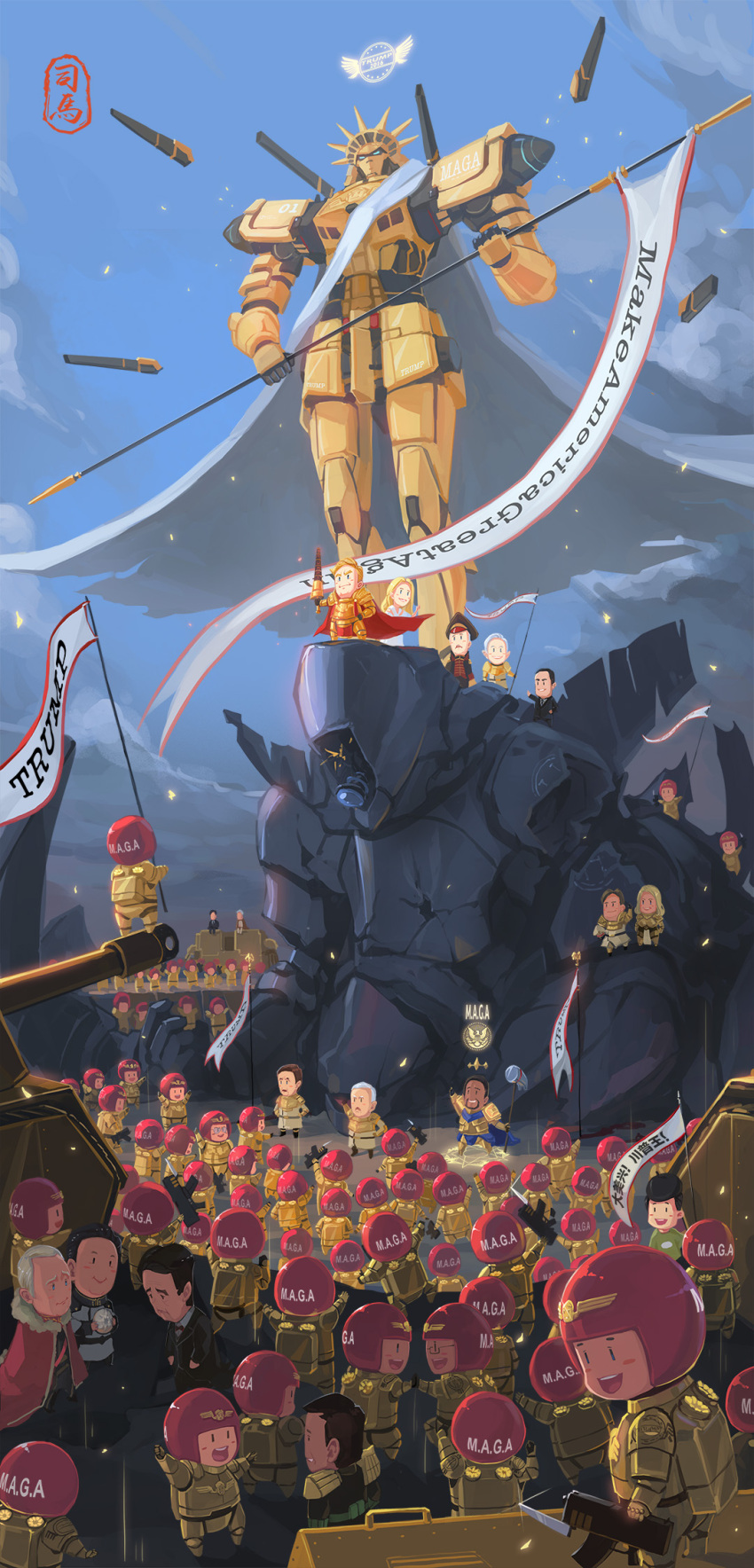 2016, 2girls, 6+boys, annotation_request, armor, banner, bayonet, ben_carson, black_hair, black_skin, blonde_hair, blue_eyes, blue_sky, blush_stickers, butterfly_net, caucasian, character_request, clouds, commentary_request, day, donald_trump, everyone, formal, gold_armor, gun, hair_slicked_back, hand_net, highres, jeff_session, make_america_great_again, mecha, mike_pence, multiple_boys, multiple_girls, original, sima_naoteng, sky, suit, text, translation_request, weapon, white_hair