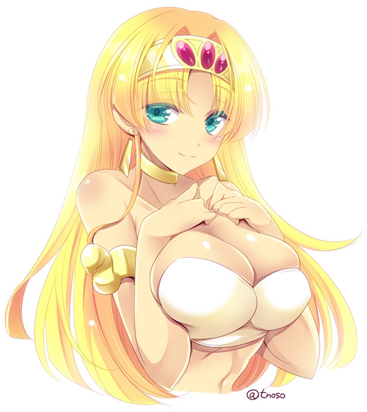 1girl, aqua_eyes, armband, bangs, blonde_hair, blush, breast_press, breasts, claire_(hihouden), cleavage, crop_top, dark_skin, deep_skin, earrings, hairband, hihouden, jewelry, large_breasts, light_smile, long_hair, looking_at_viewer, midriff, navel, off_shoulder, parted_bangs, smile, tiara, tokinon, upper_body